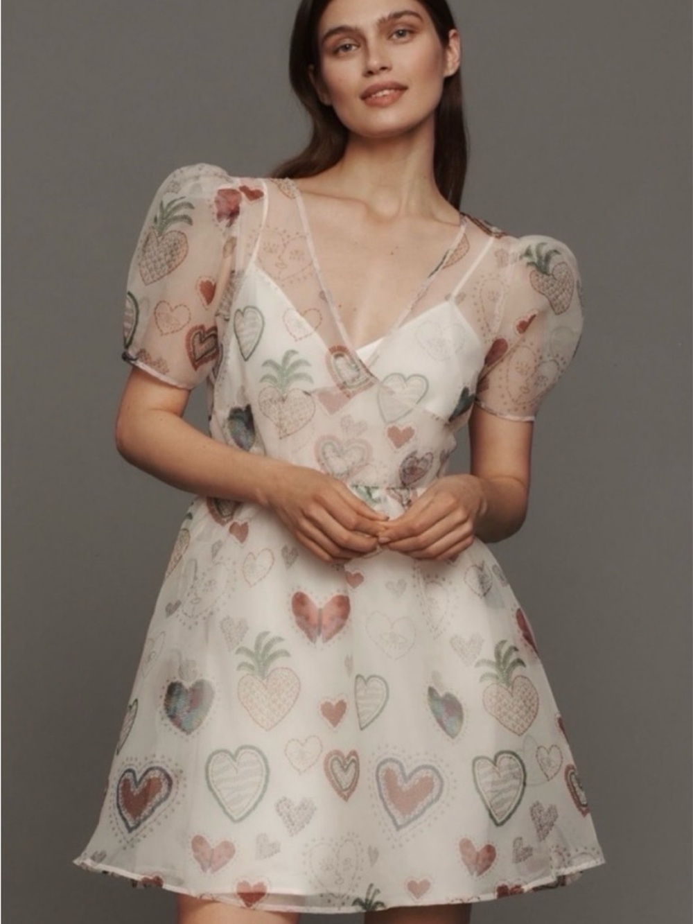 Farm Rio Sheer Heart Print Puff Sleeve Dress - White
